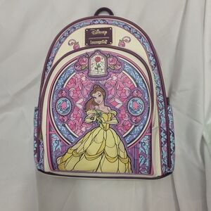 Disney Belle Loungefly Backpack with Stained Glass Background